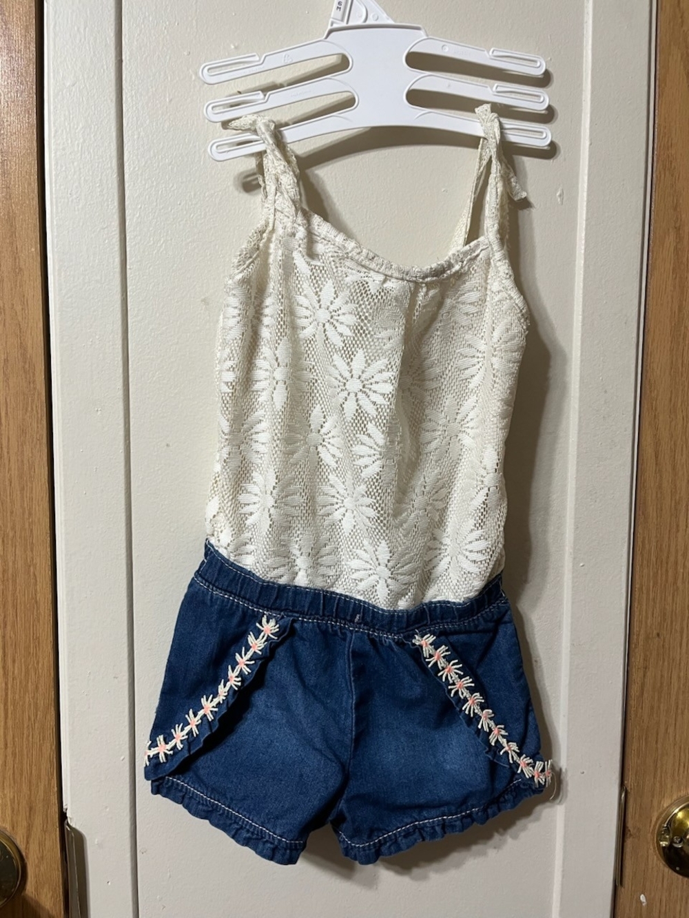 Limited Too Cream Lace Top with Blue Denim Embroidered Shorts Romper